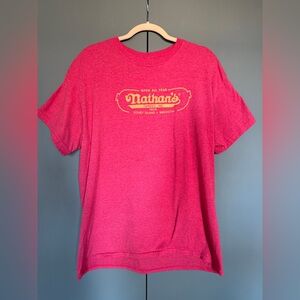 Vintage Rare Red Nathans Famous since 1916 hot dogs t shirt single stitch L